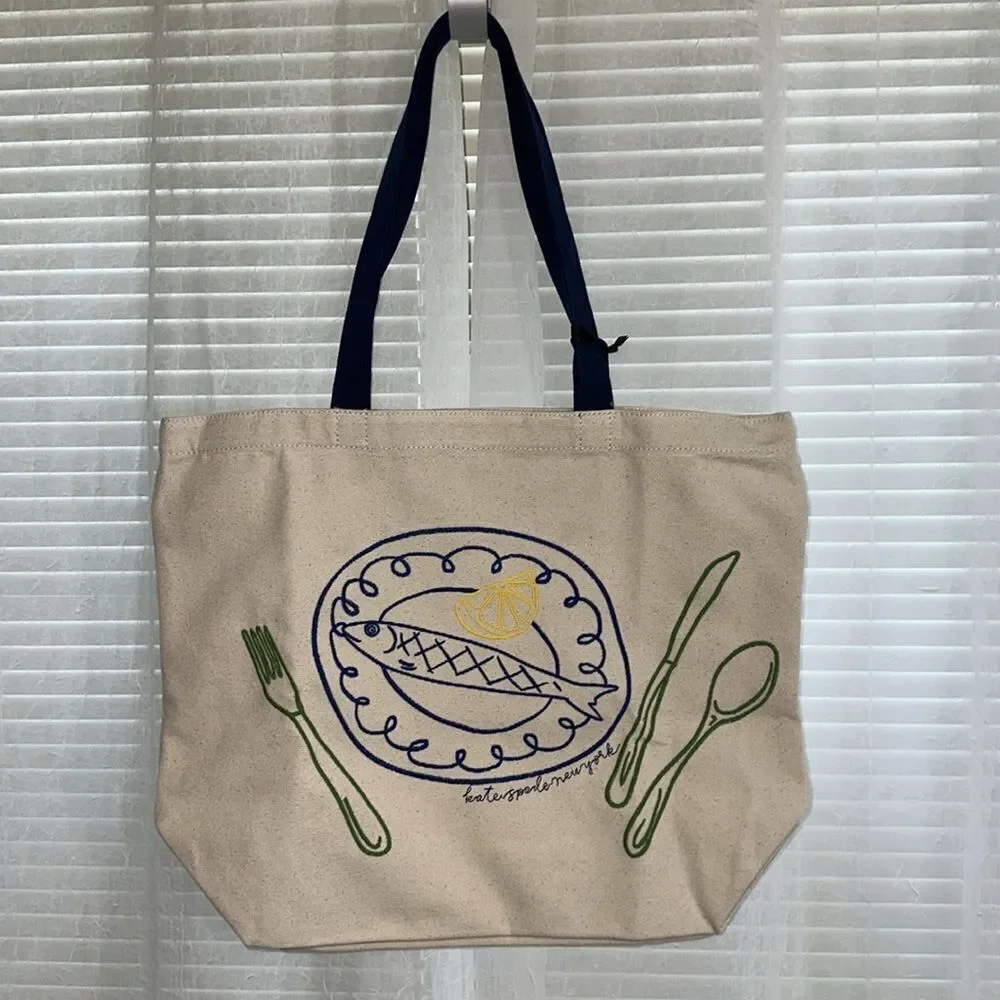 kate spade x Target Natural Navy Blue Green Fish Embroidered Canvas Tote